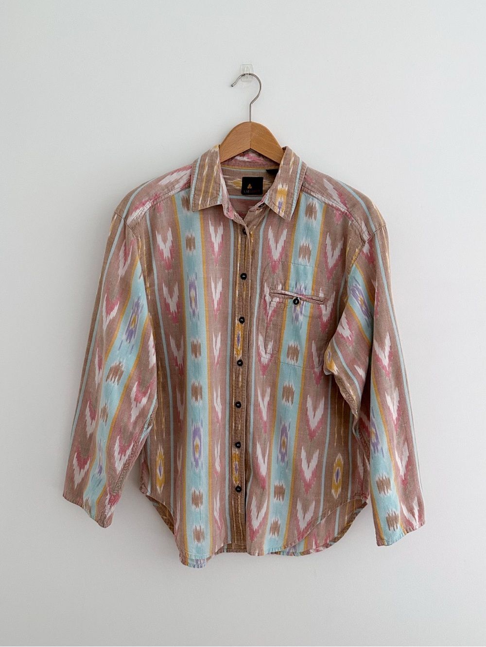Vintage 90s Southwestern Ikat Stripe Cotton Shirt Desert Boho Button Down Size M